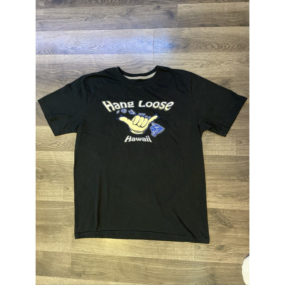 VTG Hang Loose Hawaii Mens Black T Shirt L Shaka Surf Beach Graphic 80s 90s